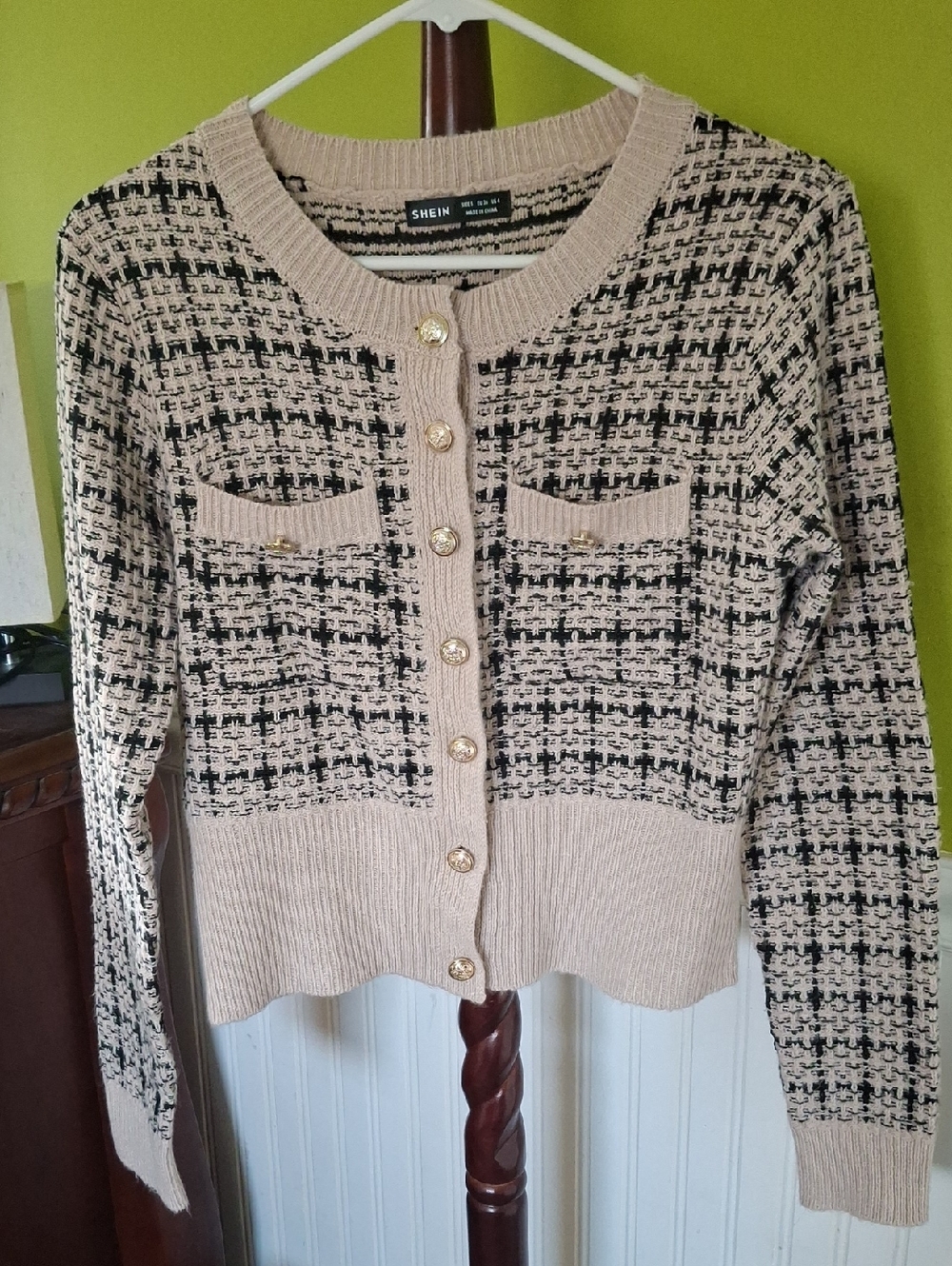 Beige and Black Tweed-Style Button Cardigan